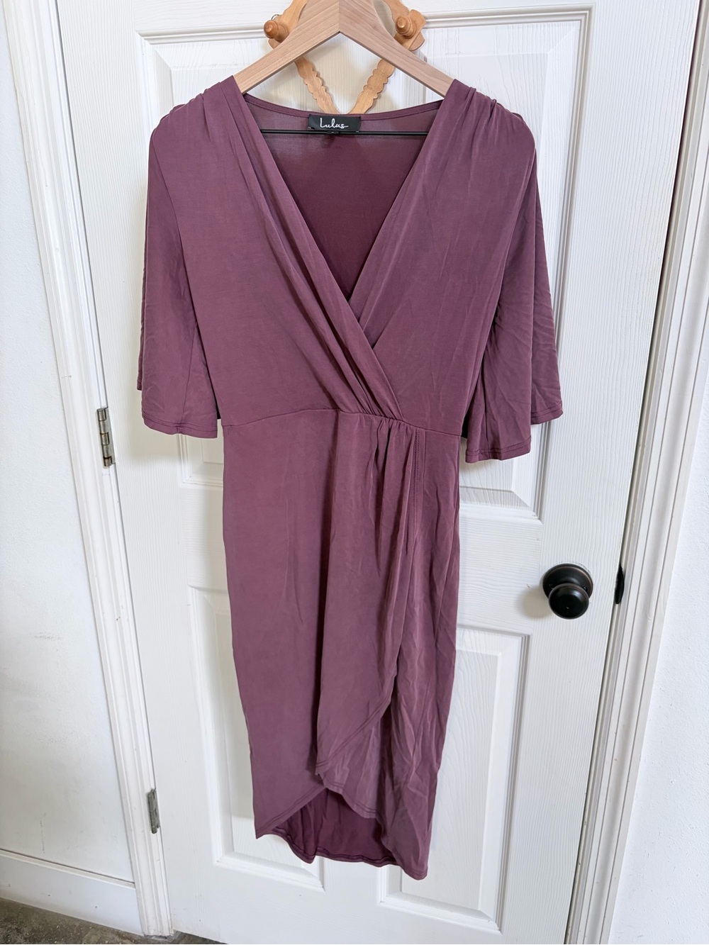 Lulu's Plum dulcet surplice Wrap-Front Midi Dress Size Small, flutter sleeve